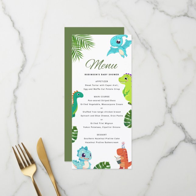 Menu Baby shower Little Dino (Devant/Arrière en situation)