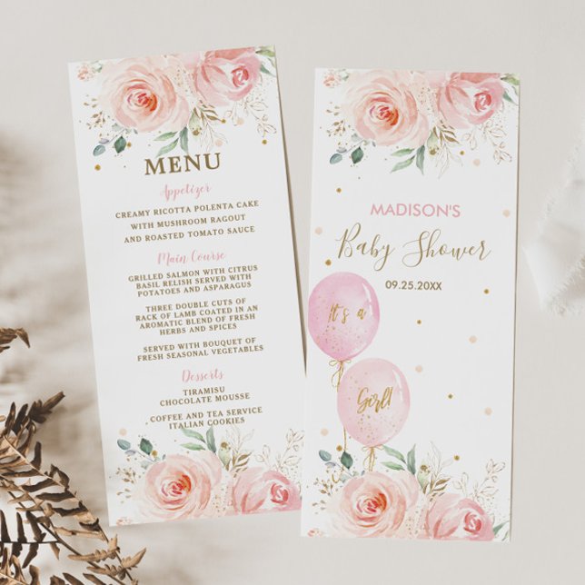 Menu Baby shower moderne chic Blush Floral Balloon (Créateur téléchargé)
