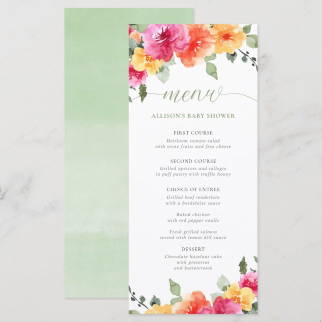Menu baby shower orange rose chaud fleuri (Devant / Derrière)