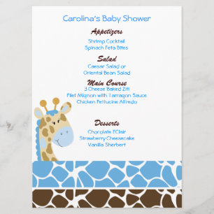 Menu Baby shower personnalisé bleu Jungle Giraffe