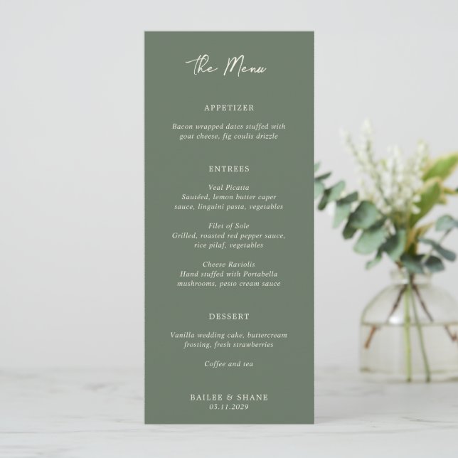 Menu Bailee Olive Green Mariage moderne (Debout devant)