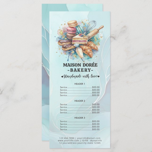 Menu Bakery Pastry Chef Baking Catering Gold Price List (Devant / Derrière)