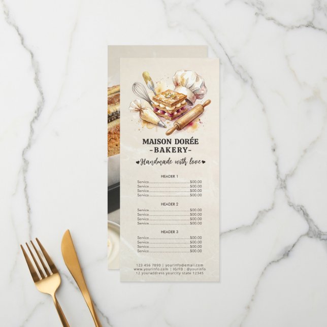 Menu Bakery Pastry Chef Baking Catering Gold Price List (Devant/Arrière en situation)