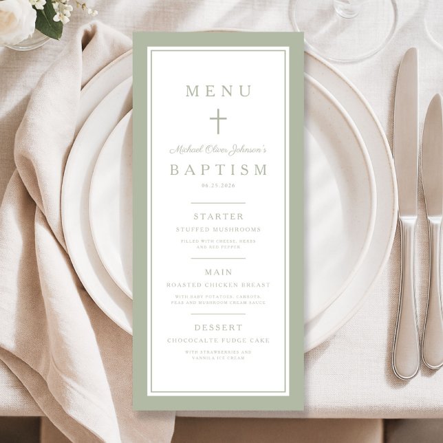Menu Baptême Garçon Croix Vert Sauge Moderne (Modern Sage Green Cross Boy Baptism Menu)