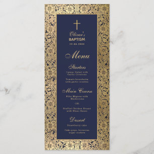 Menu Baptême garçon élégant bleu marine or roses vintag