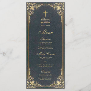 Menu Baptême Vintage Garçon Bleu Or Calligraphie Éléga