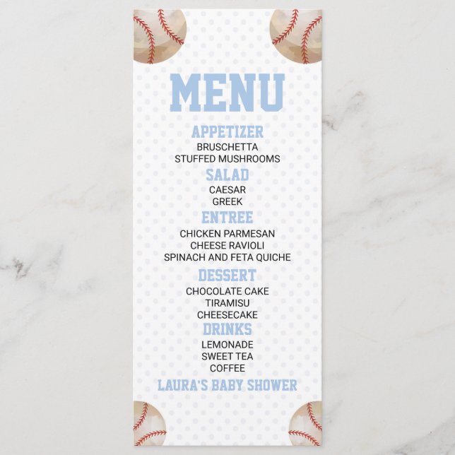 Menu Baseball Sports Blue Baby shower Nourriture (Devant)