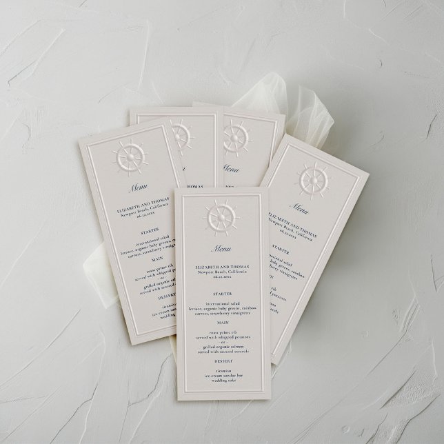 Menu Bateau côtier Roue Faux Embossé Mariage officiel (coastal wedding menu card faux embossed boat helm double frame modern classic navy ivory elegant)