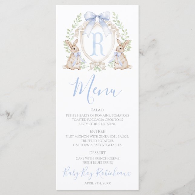 Menu Bébé Garçon Lapin Shower Préparé Bleu Gingham (Devant)
