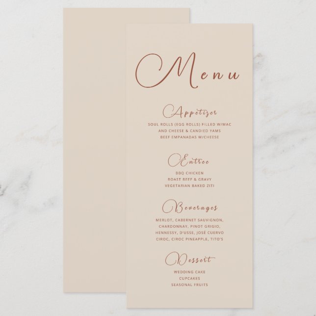 Menu Beige Minimaliste Terrien (Devant / Derrière)