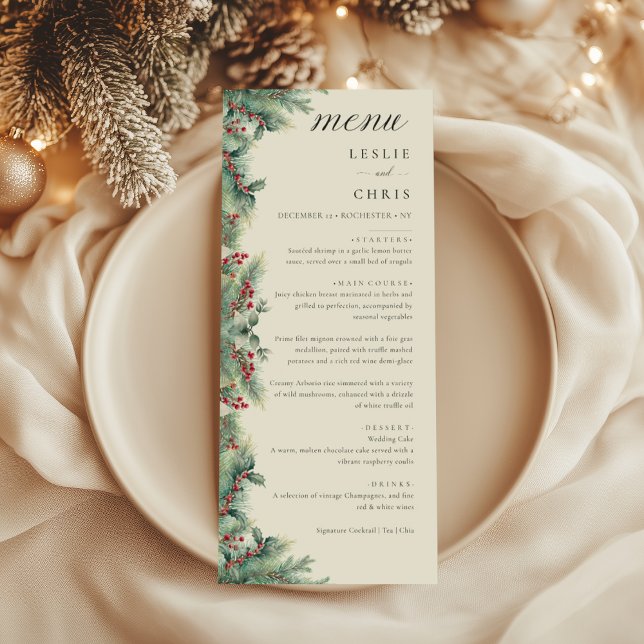 Menu Berries d'hiver et Pine Aquarelle Mariage de verdu (Créateur téléchargé)