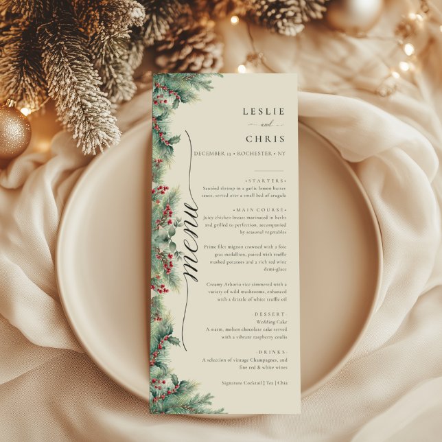 Menu Berries d'hiver et Pine Aquarelle Mariage de verdu (Créateur téléchargé)