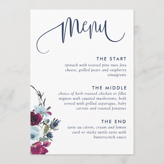 Menu Berry, Bourgogne et Flore bleue, Mariage élégant (Devant)