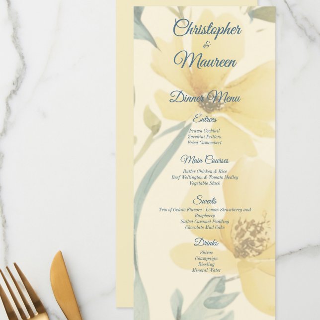 Menu Beurre Jaune bleu pâle Mariage d'aquarelle Floral (These menus can be ordered for each seat, the tables or as large signs.  Room for 4 courses x 3)