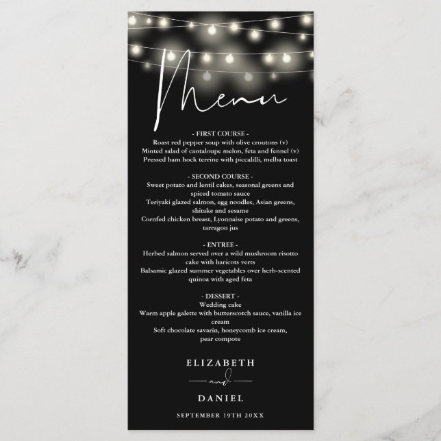 Menu Black And White String Lights Wedding Dinner (Devant)