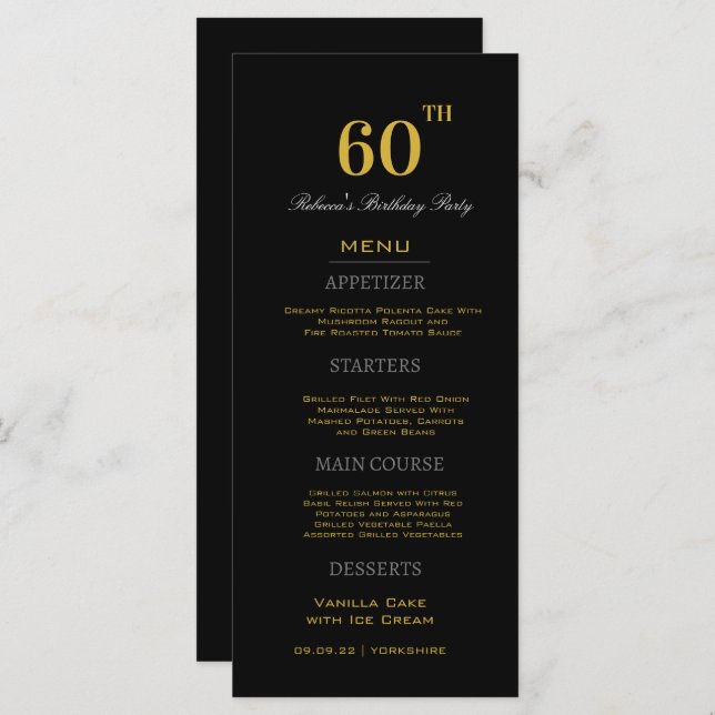 Menu Black & Gold minimum 60e fête d'anniversaire Perso (Devant / Derrière)