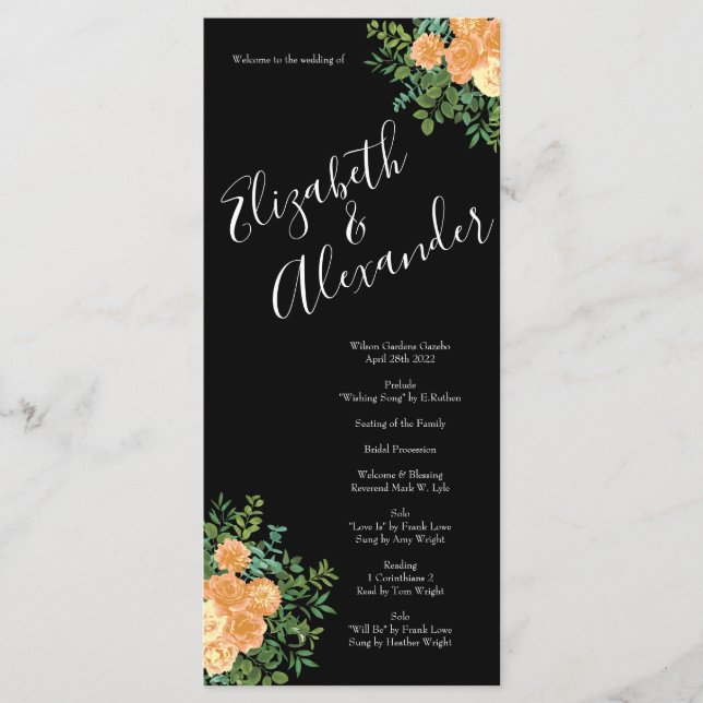 Menu Black & Peach Mariage Floral moderne (Devant)