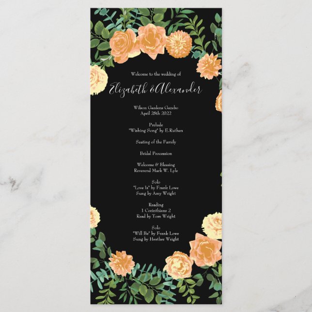 Menu Black & Peach Mariage Floral moderne (Devant)