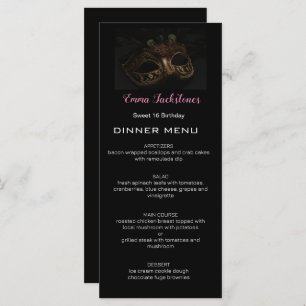 Menu Black & Rose minimaliste Sweet 16 Masquerade Masqu