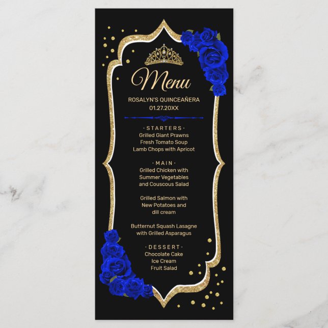 Menu Black Royal Blue Gold Quinceanera (Devant)