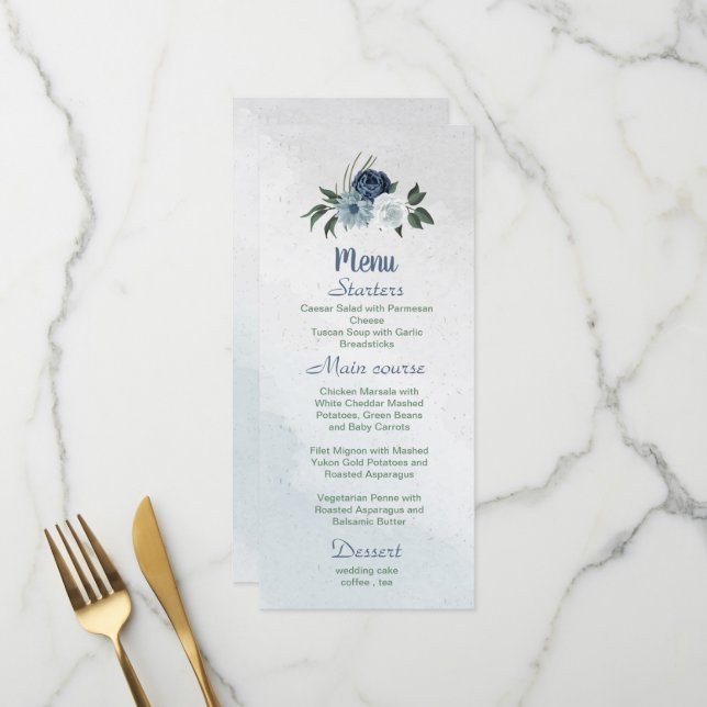 Menu blanc bleu poussiéreux et fleurs marine verdure (Devant/Arrière en situation)