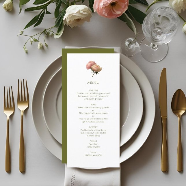 Menu Blanc et olive | Chic Floral Rose Mariage (Créateur téléchargé)