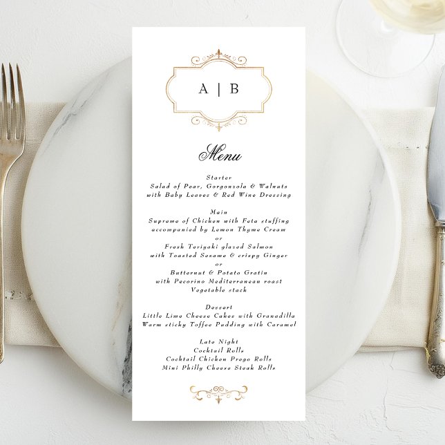 Menu blanc noir formel or crête monogramme mariage (Créateur téléchargé)