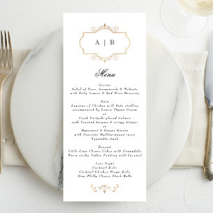 Menu blanc noir formel or crête monogramme mariage