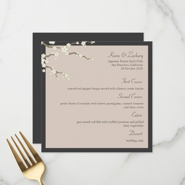 Menu Blanc Sakura Cerry Blossements Mariage asiatique m (Devant/Arrière en situation)