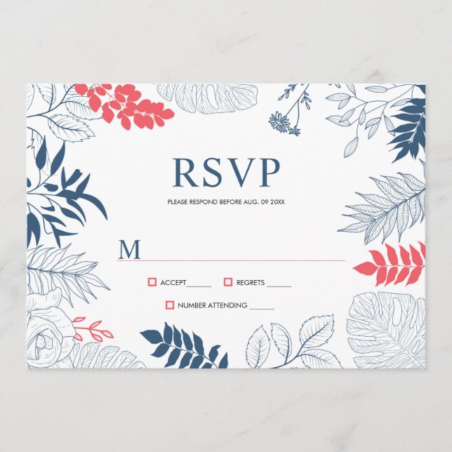 Menu Bleu blanc & corail rouge tropical cadre floral (Devant)