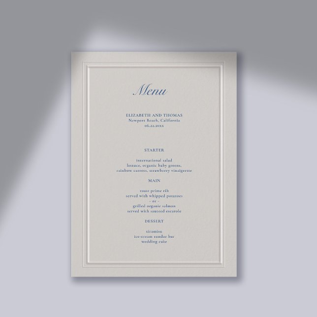 Menu Bleu bleu bleu moderne Mariage classique (wedding menu card traditional classic formal  faux embossed nautical  frame ocean beach boat yacht)