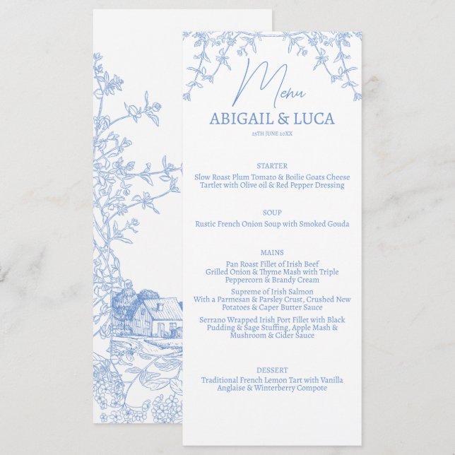 Menu Bleu Chinoiserie Toile de Jouy Mariage (Devant / Derrière)