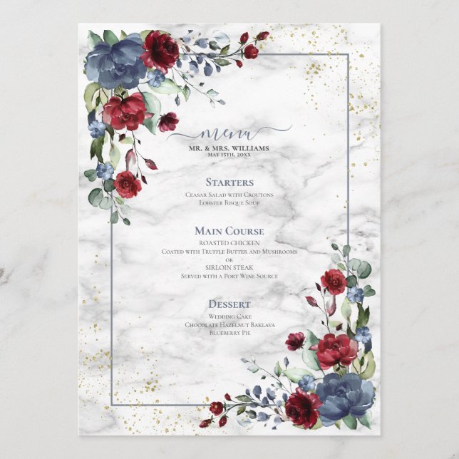 Menu Bleu clair Bourgogne Mariage floral (Devant)
