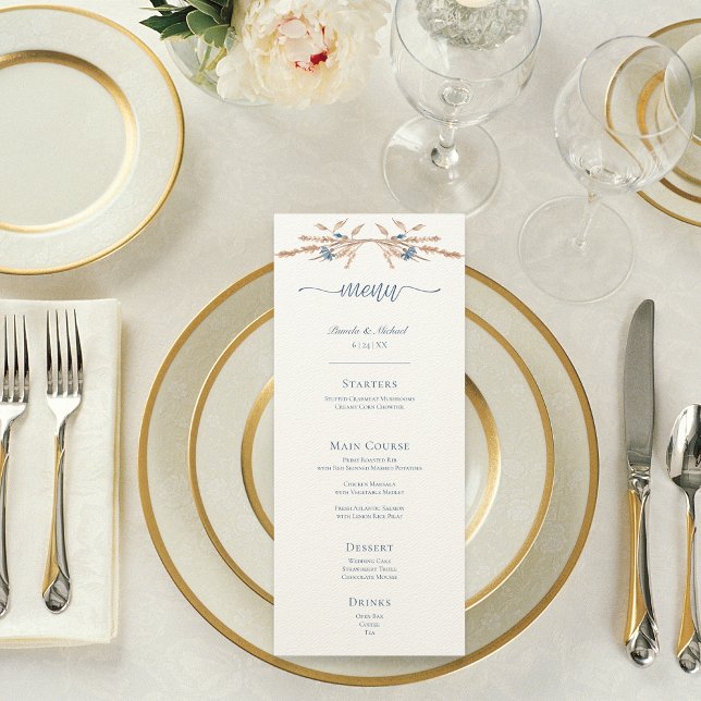 Menu Bleu Cornflowers & Blé Mariage de crème moderne (Blue Cornflowers & Wheat Modern Cream Wedding Menu)