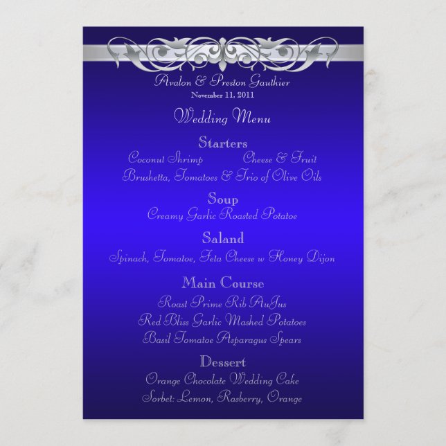 Menu bleu de mariage de Grande -Duchesse rouleau (Devant)