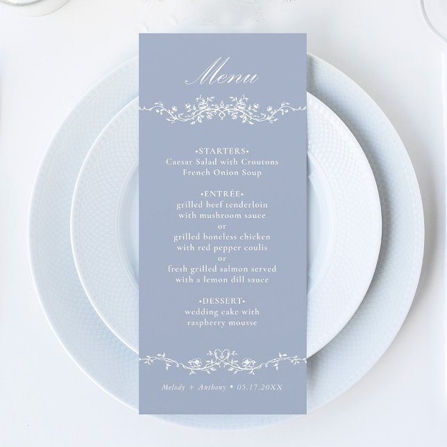 Menu Bleu Dusty Classic Frontière Florale Française (Créateur téléchargé)