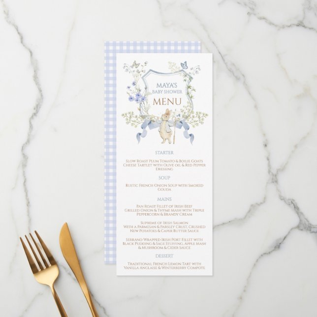 Menu Bleu En vichy Peter le Baby shower Rabbit MUTED BL (Devant/Arrière en situation)