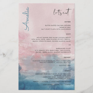 Menu bleu et rose Aquarelle avec nom