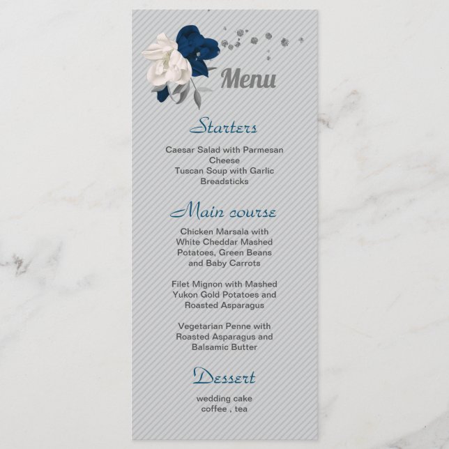 Menu bleu marine fleurs blanches argent feuille mariage (Devant)