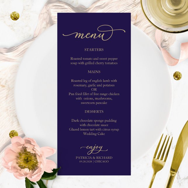 Menu bleu marine or calligraphié élégant (Créateur téléchargé)