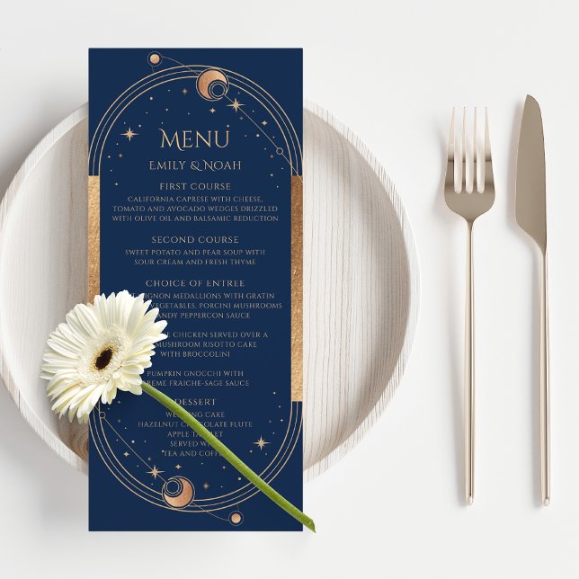 Menu Bleu mystique Soleil Lune Étoiles Mariage spatial (Créateur téléchargé)