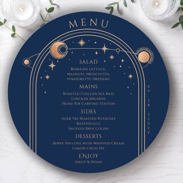 Menu Bleu mystique Soleil Lune Étoiles Mariage spatial (Créateur téléchargé)