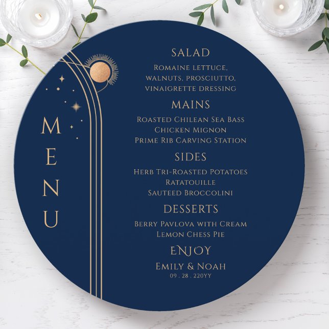 Menu Bleu mystique Soleil Lune Étoiles Mariage spatial (Créateur téléchargé)