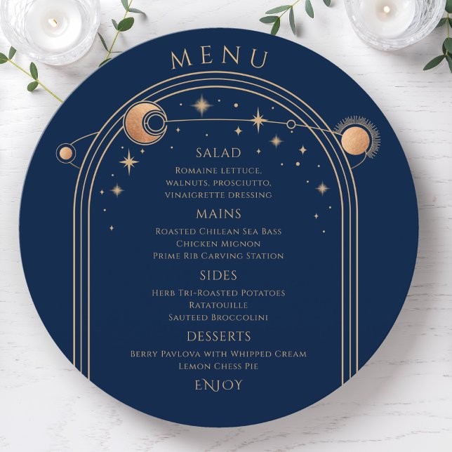 Menu Bleu mystique Soleil Lune Étoiles Mariage spatial (Créateur téléchargé)
