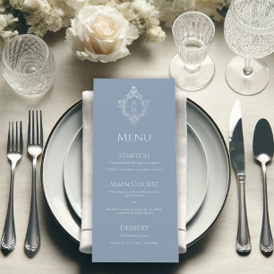 Menu Bleu Poussiéreux Monogramme de Mariage Vintage Crê