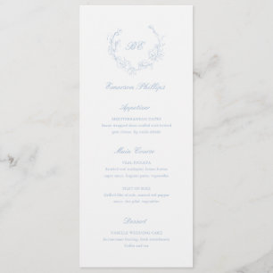 Menu Bleu Poussiéreux Monogramme Nom de l'invité Mariag