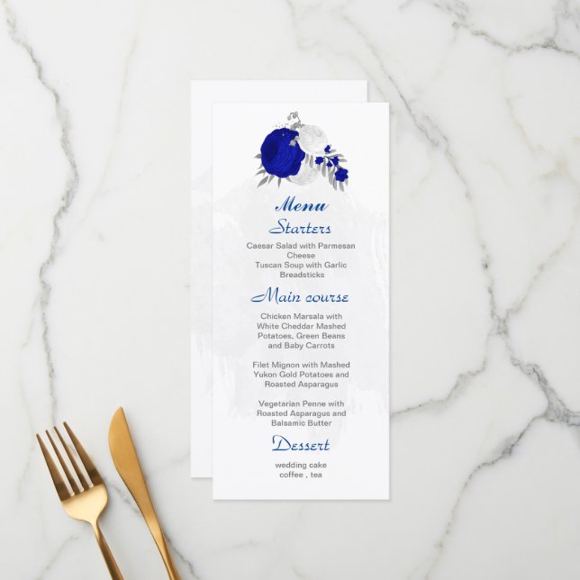 Menu bleu royal et fleurs blanches argent mariage botan (Devant/Arrière en situation)