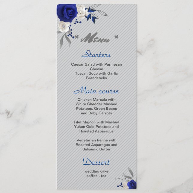 Menu bleu royal fleurs blanches argent feuille mariage (Devant)