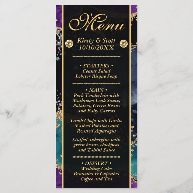 Menu Bleu violet Turquoise Parties scintillant or Maria (Devant)