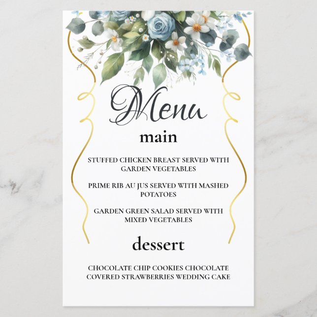 Menu Blue and Gold Elegant Floral Rustic Watercol (Devant)